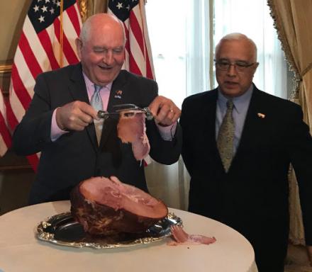 Secretary Sonny Perdue celebrates the reintroduction of U.S. pork into the Argentine market, with U.S. Ambassador to Argentina Edward Prado. Secretary Sonny Perdue celebrates the reintroduction of U.S. pork into the Argentine market, with U.S. Ambassador to Argentina Edward Prado.