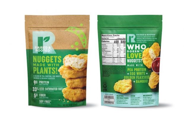 The Raised & Rooted nuggets are made from a blend of pea protein isolate and other plant ingredients and contain five grams of fiber and omega-3s, and less saturated fat than traditional nuggets. The Raised & Rooted nuggets are made from a blend of pea protein isolate and other plant ingredients and contain five grams of fiber and omega-3s, and less saturated fat than traditional nuggets.