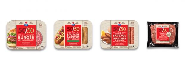 The product range includes: Maple Leaf 50/50 Burger, Maple Leaf 50/50 Dinner Sausages, Maple Leaf 50/50 Breakfast Sausages and Maple Leaf 50/50 Grounds. The product range includes: Maple Leaf 50/50 Burger, Maple Leaf 50/50 Dinner Sausages, Maple Leaf 50/50 Breakfast Sausages and Maple Leaf 50/50 Grounds.